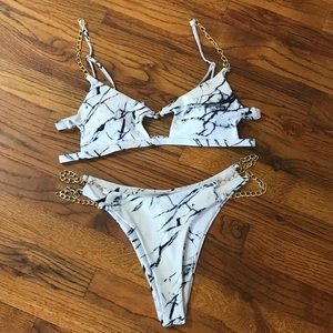 Ladies White & Navy Blue Marble Print & Gold Chain Embellished 2 Pc Bikini Swim…